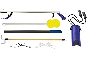 BLUE JAY AN ELITE HEALTHCARE BRAND Stop Your Bending 7 Piece Hip Kit, 26" Reacher, Sock Aid with Foam Handles, 27" Dressing Stick, 24" Metal Shoehorn, 2 Pair Elastic Shoelaces, Long Handle Sponge, Blue Jay, Mobility Aid