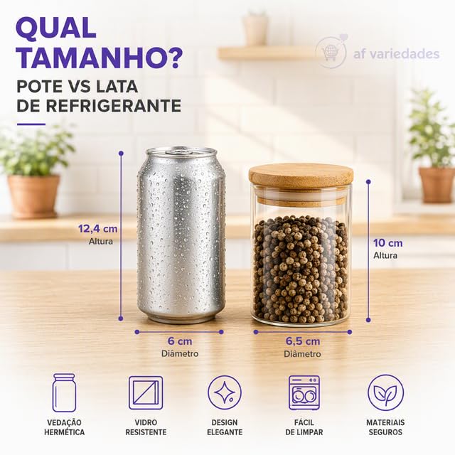 Kit 10 Potes Herméticos de Vidro 250 ml com Tampa de Bambu Redondo | Conjunto de Porta Mantimentos | Organizador de Cozinha com Vedação de Silicone para Temperos, Grãos, Café, Açúcar e Alimentos