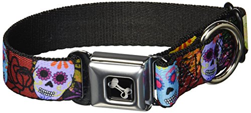 Buckle-Down Seatbelt Buckle Dog Collar - Painted Sugar Skulls & Flowers Collage - 1