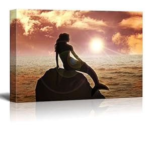 Canvas Prints Wall Art - A Mermaid Sitting on The Rock During Sunset | Modern Wall Decor/Home Decoration Stretched Gallery Canvas Wrap Giclee Print. Ready to Hang - 12" x 18"