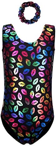 Leotards for Girls Gymnastics Ballet One-piece Shiny Floral Print with Hair Band (110(3-4Y), Black+colorful kisses)