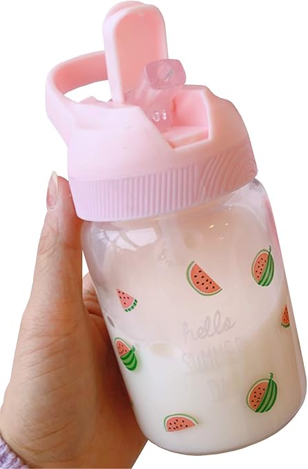 Amazon ユリカー かわいい 水筒 ストロー付き 夏 400ml 透明 ガラス ボトル 手提げ付き蓋 直飲み 子ども アウトドア 通勤通学 スイカ 水筒 マグボトル オンライン通販