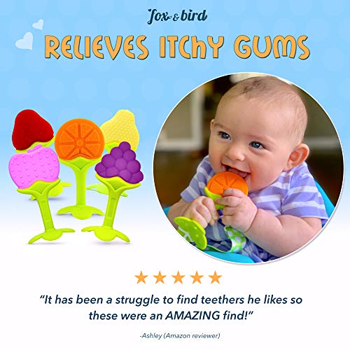 Fox and Bird - Baby Fruit Teether Pacifier (5 Pack) | Best Fruit Teething Toys for Toddlers and Infants | Baby Gum Massager | Baby Shower Registry Gift Set, with Pacifier Clip. (for Girls and Boys)