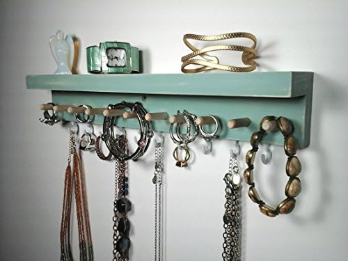 Jewelry Organizer Wall Hanging Jewelry Rack with Shelf. Necklace, Earring, Bracelet, Bangle, Ring Holder. Unique Jewelry Gifts. Weathered Soft Green.