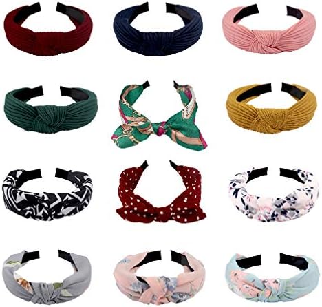 Cubaco Wire knotted Headband Knot Turban Headband Bowknot Bows Wide Headwrap Head Band Elastic Hair Accessories for Women(12 Color: 5 Solid+ 5 Flower+ 2 Rabbit ears))