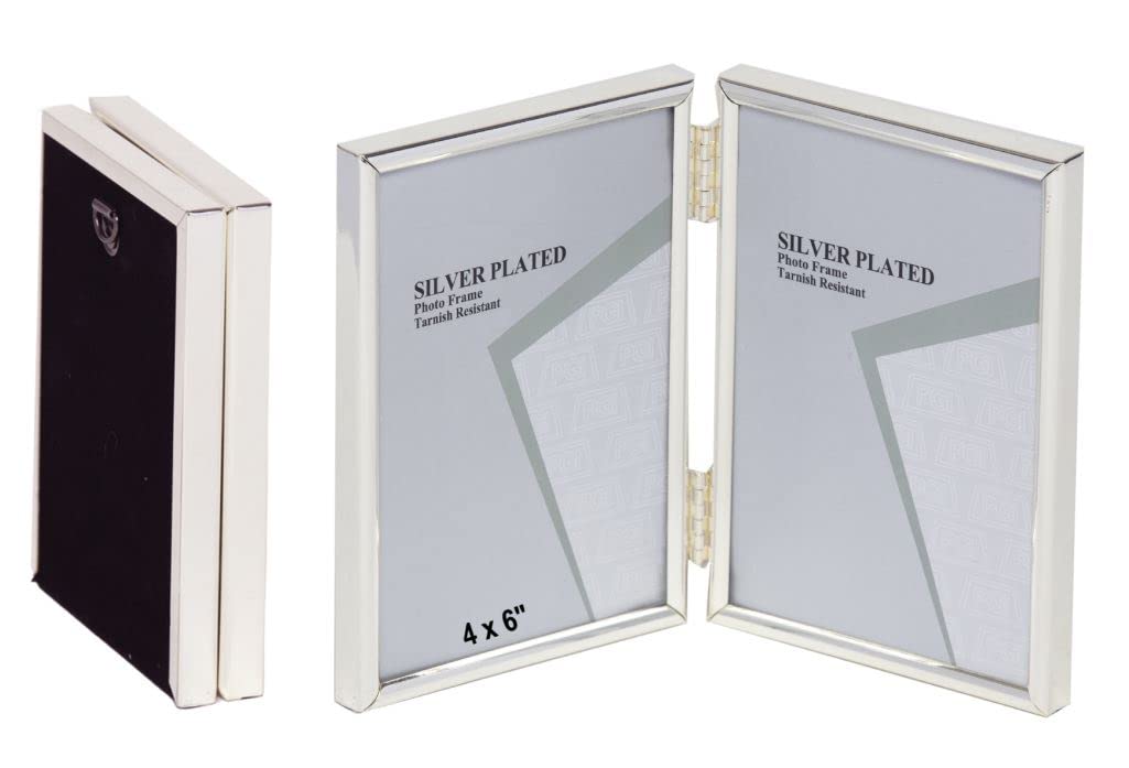 4 x 6-inch Silver Thin Edge DOUBLE PORTRAIT Photo Frames with hooks, can stand and hang - Velveteen Backing - Tarnish Resistant (4 x 6-inch)