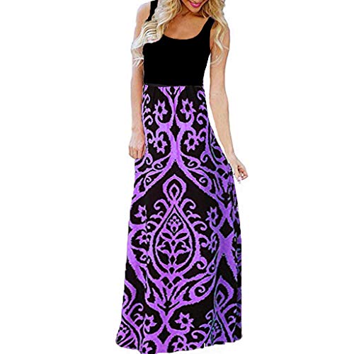 CCatyam Plus Size Dresses for Women, Skirt O-Neck Print Sexy Loose Maxi Casual Beach Party Fashion Purple