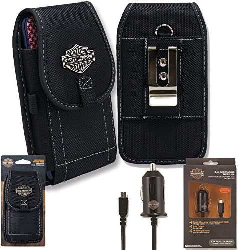 Harley Davidson Nylon Riding Case and 2.4 amp Micro USB 12v Vehicle Car Charger fits CAT s60, s50