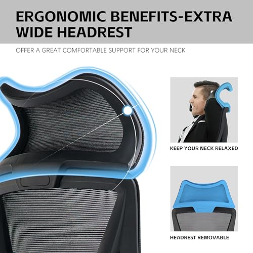 VOFFOV Ergonomic Office Chair with Fixed Wide Headrest, High-Back Mesh Desk Chair with Lumbar Support and Armrests, Swivel Computer Chair for Home Office (Black Headrest)