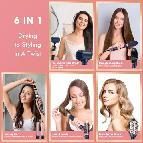 NDLT Hairstyler 6 in 1 Airstyler, 120,000 RPM Hair Styler with Highly Concentrated Ion Technology, Warm Air Brush, Hair Dryer, Straightening Brush & Curling Iron for Quick Drying, Straightening and