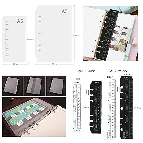 A5 Binder Zipper Pockets Name Card Bag 6 Holes Bill Pouch Notebook Refills Filler Organizer,Include 4 X Zipper Pouches +3 X Business Card Holder Pocket +2 X Plastic Page Marker Measuring Rulers - Thumbnail 4