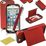 Fulland Hybrid Body Armor Silicone + Hard Case Cover with Credit Card ID Card Holder and kickstand for Apple iPhone 5 5S Plus Stylus Pen and Screen Protector -Metallic Red