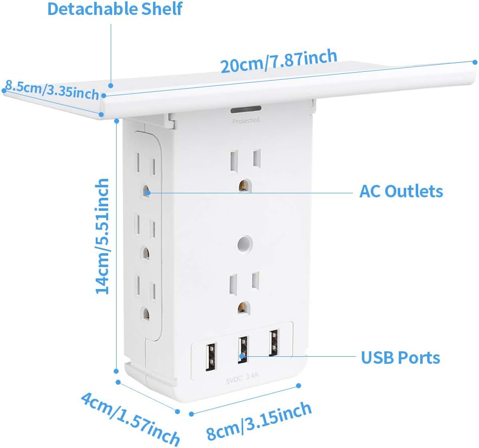 Power Charger Shelf-CFMASTER 11 Port Surge Protector Wall Outlet, 8 Electrical Outlet Extenders and 3 USB Ports 3.4A, with Removable Built-In Shelf and LED Indicator, FCC Listed, White - - 
