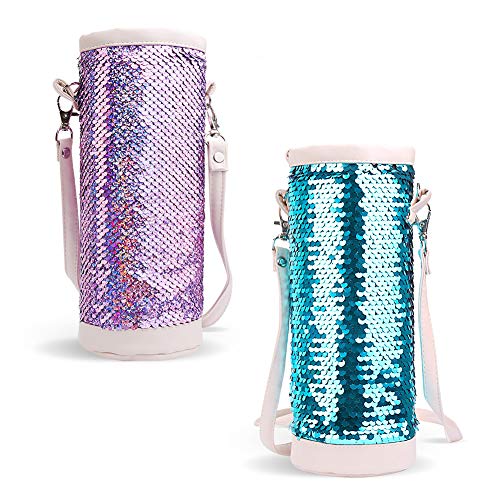 DricRoda Insulated Bottle Cover,Mermaid Sequin Water Bottle Carrier, Drink Bottle Insulator Cooler,Bottle Sleeve Holder Tote Bag with Shoulder Strap for Kids,Girls,Ladies (Purple)