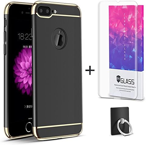 Hanglong 3 in 1 Full Protective Phone Case with Electroplate Frame For iPhone 7 Plus (with one Tempered Glass Screen Protector)-Black