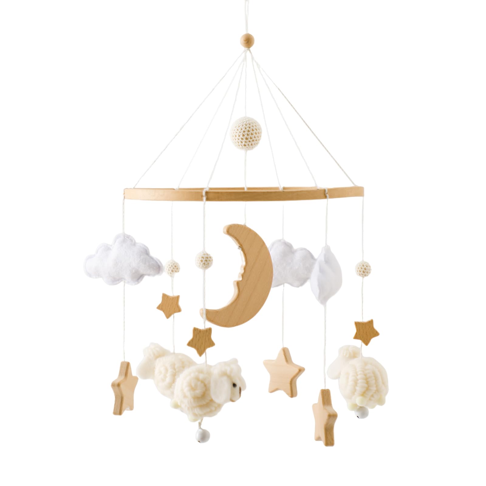 Promise Babe Wooden Star Moon Sheep Cot Mobile with Felt Clouds, Beige, Newborn Baby Boy or Girl Bed Deco — image 1