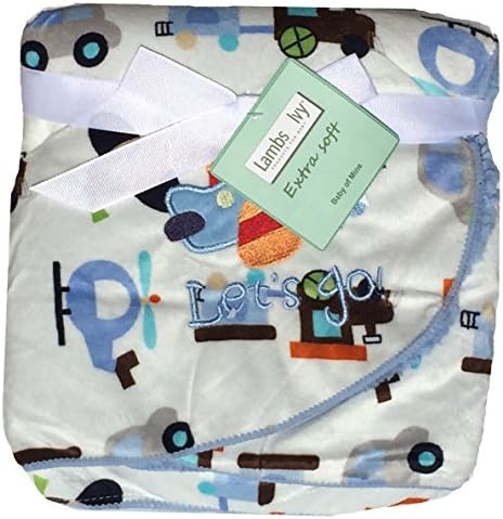 Lambs and Ivy, Baby Boy Blankets, Warm and Cozy, Extra Soft Micro Plush Fleece Blanket, Anti-Pilling, Embroidery on Corner, Let's Go Transportation Theme on a Blue Sherpa, 30 x 40 in