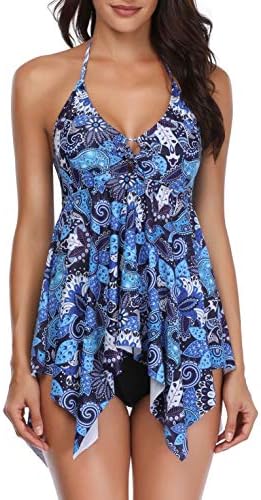 Temptme Women Halter Tankini Swimdress Two Piece Print Swimwear with Boyshorts Bathing Suit