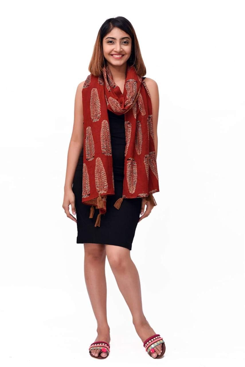 gleamberry women's maroon ajrakh block print cotton stole_gbacs1083