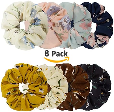 Whavel 8 Pack Large Chiffon Scrunchies Women's Flower Hair Scrunchies Elastics Hair Ties Hair Bow Chiffon Ponytail Holder