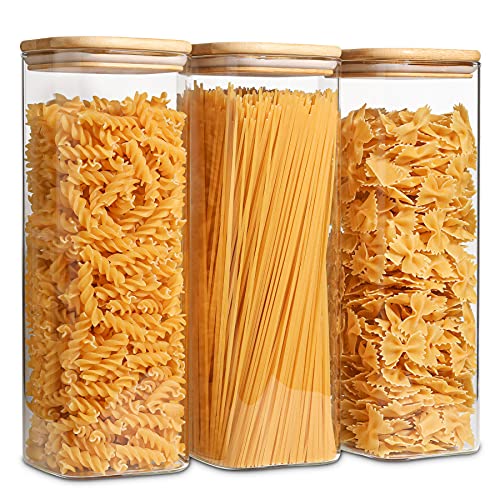 ComSaf Glass Spaghetti Pasta Storage Containers with Lids 71oz Set of 3, Tall Clear Airtight