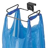 mDesign Over the Cabinet Metal Wire Small Garbage Container, Trash Bag Holder Rack for Recycled Reusable Disposable Plastic Shopping Grocery Bags for Kitchen, Pantry, Garage, Bathroom - Matte Black