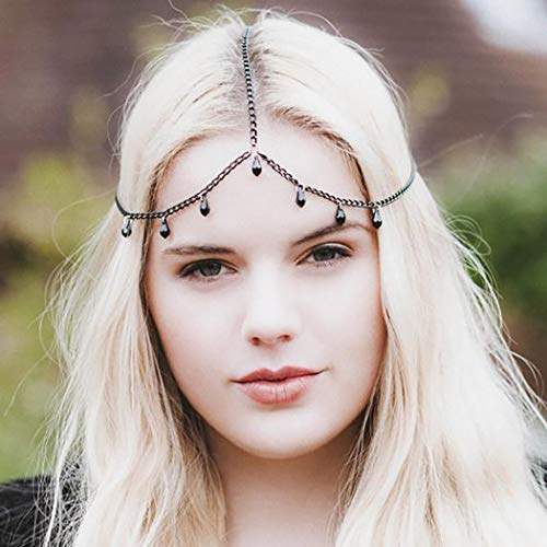 Leiorthrix Gypsy Crystal Head Chain Bridal Chain Headdress Wedding Headpiece Pendant Hair Jewelry for Women and Girls (Black)