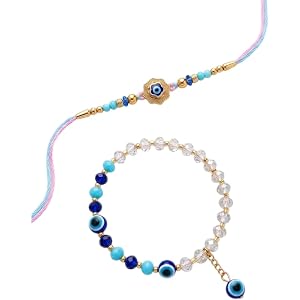 LOGINSHE Premium Rakhi & Bracelet Gift Set for Bhaiya Bhabhi | Designer Beaded Rakhi with Adjustable Pearl Bracelet | Traditi