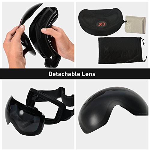 Ski Goggles, OTG Snowboard Goggles 100% UV Protection, Snow Goggles Anti-fog, Helmet Compatible, Interchangeable Lens for Men Women Skiing Snowmobile Skating