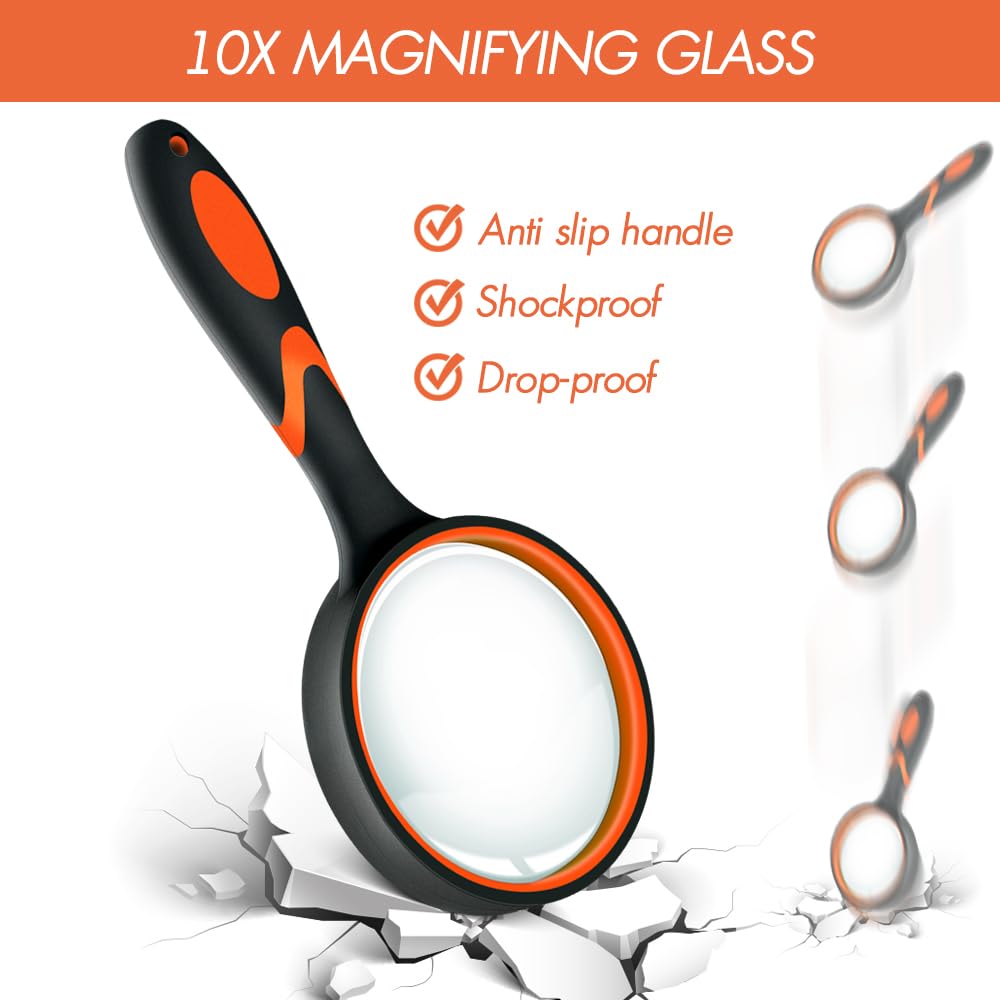 Leffis 8 Pack Magnifying Glass, 50mm 10X Glasses Lens Reading Magnifier for Kids and Seniors, Non-Slip Handheld Magnifying Glass for Close Work, Nature Exploration