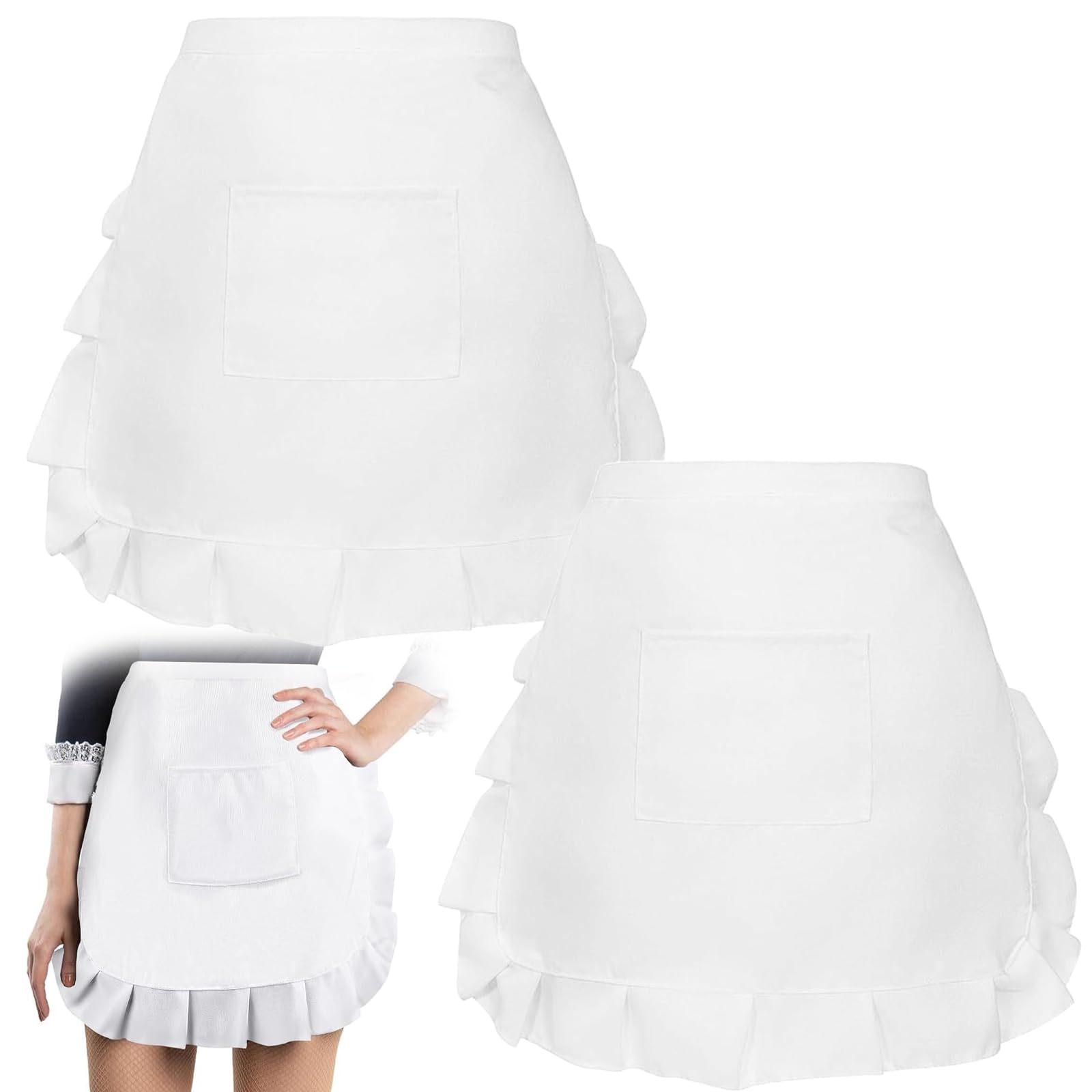 Ninnyi 2 PCS Single Pocket White Waist Apron, Frilly Maid Apron Fancy Dress for Adult Kids Kitchen Cleaning