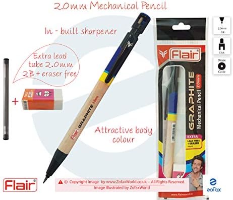 2.0mm FLAIR Graphite Sharpener Tipped Mechanical Pencil + 2B Lead Tube + Eraser (NAVY Body)