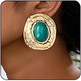 Chunky Turquoise Gold Earrings for Women Vintage Extra Big Oval Statement Earrings Exaggerated Dangle Drop Earrings Western Natural Gemstone Jewelry Accessories