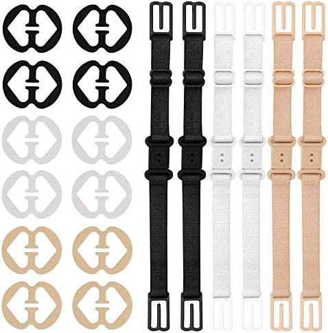 KATEVO Bra Strap Clips and Holders Set, Pack of 18, 6pcs Elastic Non-slip Strap Holder with 12pcs Plastic Bra Strap Clips for Women Full Cup Size - Adjustable &amp; Concealing, White, Black &amp; Beige Colors