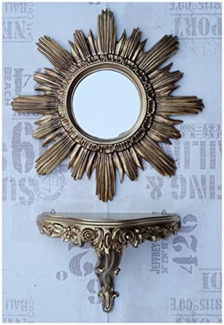 Lnxp Set in Gold Sun Round Wall Mirror + Console M Wall Bracket Baroque Antique 42 x 42 cm Hallway Entrance Furniture Console Shelf Mirror Wall Shelf