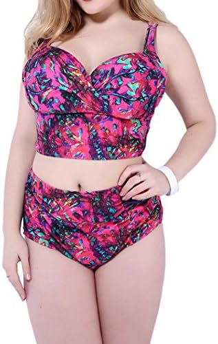 Yonas Women Printed Colorful Tankini Two Piece High Waist Plus Size Bikini Swimsuit(SIZE XXXXXL/RED)