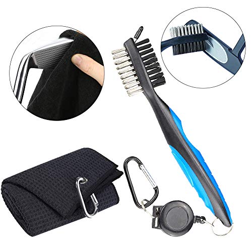 2 Pack Golf Towels Golf Club Brush Groove Cleaner Tool Set Black Microfiber Waffle Pattern Tri-Fold Golf Club Ball Cleaning Towel For Golf Bags With Clip Men Women Golf Gifts - Thumbnail 2