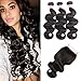 VRBest Hair Brazilian Body Wave Virgin Hair with Closure 3 Bundles with Lace Closure Free Part 10A 100% Unprocessed Human Hair Bundles Weave Extensions Natural Black Color Remy Hair(12 14 16 + 10)