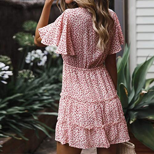 YEZIJIN Blouses for Plus Size Women 2019 Sexy Sexy Printing Ruffles Short Sleeve Dress Princess Dress Pink
