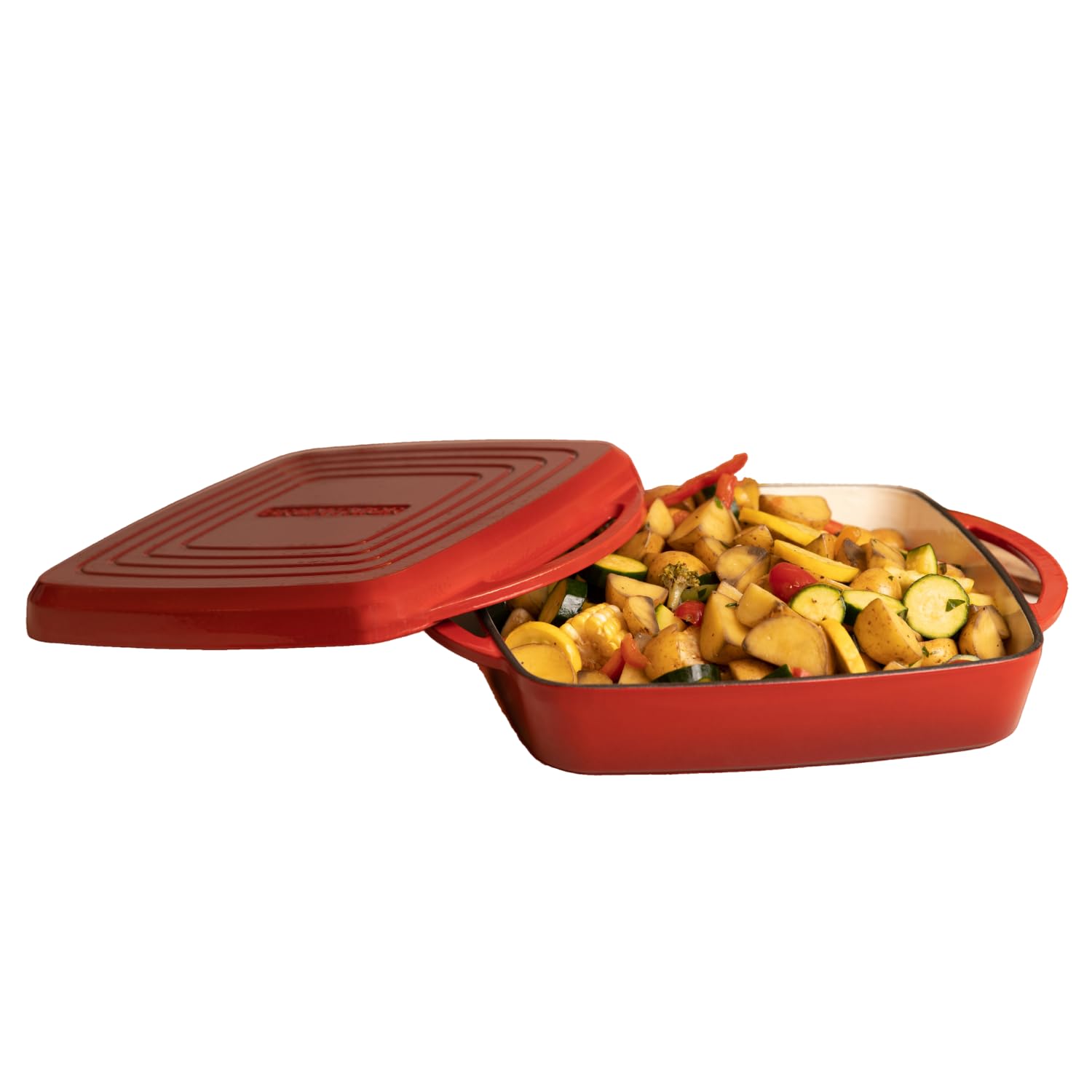 Bruntmor 2-in-1 Square Enameled Cast Iron Dutch Oven Baking Pan and Gridle Lid with Dual Handles, Cast Iron Skillet lid, Coating Gridle for Baking, Bacon,Steaks - Red