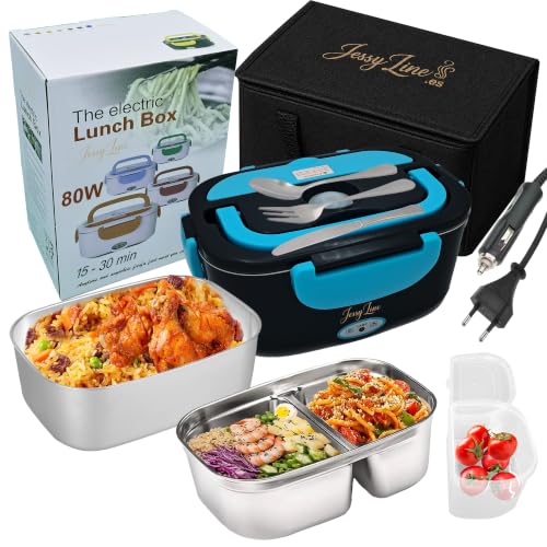 JessyLine Professional and elegant portable electric lunch box 80W 12V/24V/220V Multifunction car truck office Heats fast food Single and double packaging Stainless steel 1.5L Black blue-light