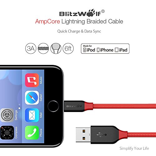 Lightning Cable Apple MFI Certificado, BlitzWolf 1.8m Lightning Cable Nylon Trenzado Apple Cargador con Correa de Velcro para iPhone 6S Plus 6 Plus 7 Plus 5 5S 5C SE, iPad Pro Air, iPad Mini 2 3 4, iPod (Rojo y Negro)