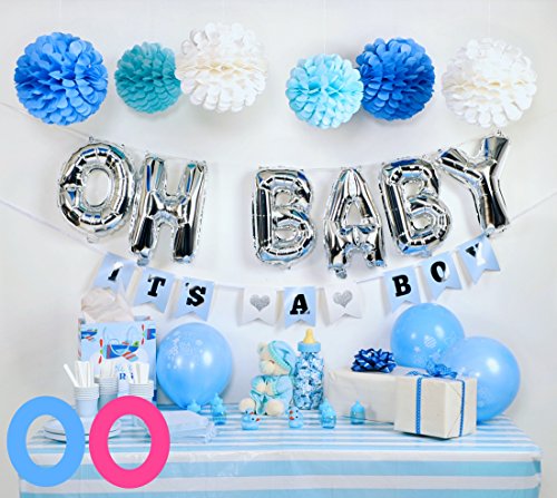 Baby Shower Decorations for Boy, OH BABY It s a Boy Banners, Blue White and Silver Baby Shower Decorations, Paper balls, It s a Boy latex balloons, Unique Baby shower decorations for your party