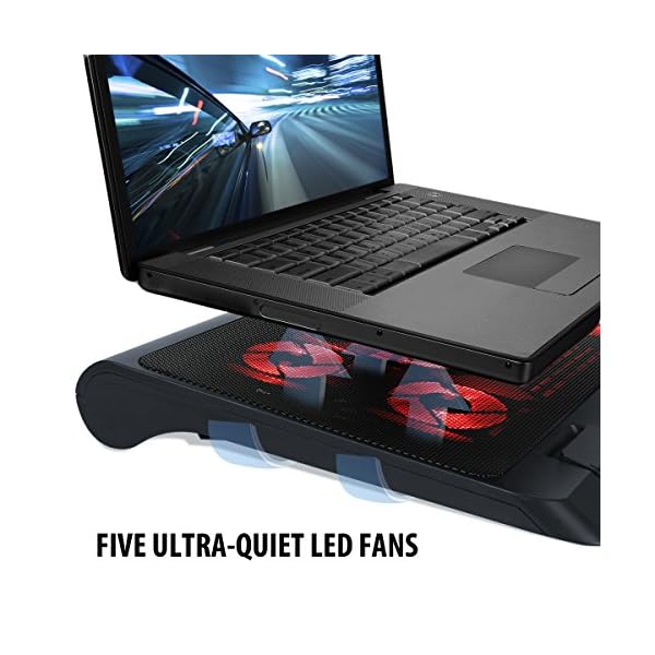 ENHANCE-Gaming-Laptop-Cooling-Pad-Stand-with-LED-Cooler-Fans-Adjustable-Height-and-Dual-USB-Port-for-17-Inch-Laptops-5-Ultra-Quiet-High-Performance-Fans-2630-RPM-and-Built-In-Bumpers-Red ENHANCE Gaming Laptop Cooling Pad Stand with LED Cooler Fans, Adjustable Height, and Dual USB Port for 17 Inch Laptops…