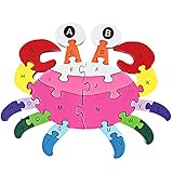 DOUYYE Preschool Children Education Wooden Crab Shape Blocks Jigsaw Puzzles,Indoor Outdoor Kids Play Game,Interactive Letter Number Gifts Toys for 3 4 5 year old and Up Boys and Girls Toddlers Babies