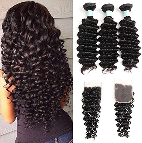 Brazilian Deep Wave Human Hair Bundles with Lace Closure 7A Unprocessed Virgin Hair Extensions 3 Bundles with Free Part Closure Natural Color (14 16 18 +12)