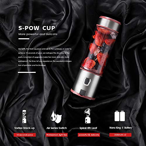 TTLIFE S-POW Portable Glass Smoothie Blender, USB Rechargeable, Stainless Steel 4-Blade for Travel Personal, Juice, Shakes and Baby Food, Mixer Juice Cup with 5200mAh Rechargeable Battery, FDA, BPA Free-Red