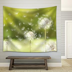 Vector Spring Background with White Dandelions - Fabric Wall Tapestry Home Decor - 51x60 inches