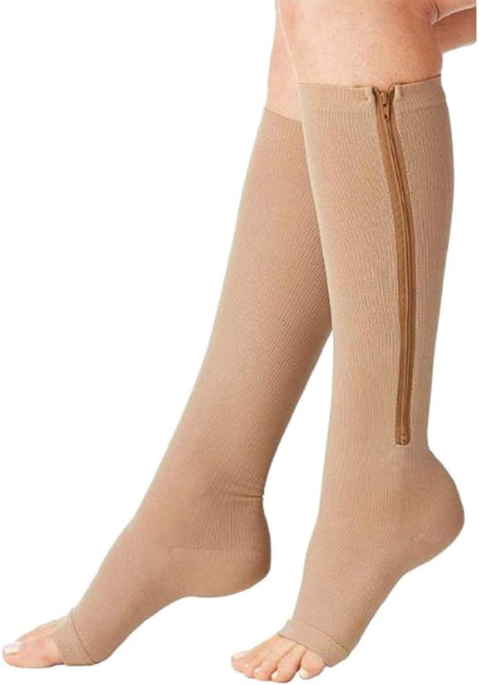 Rziioo Zipper Compression Socks (3 Pairs), Open Toe Leg Support Edema Varicose Veins Swollen Sore Knee Stockings,Flesh,L/XL