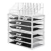 Intriom Acrylic 3 Piece Makeup Organizer 7 Drawers Cosmetic Organizers Jewelry and Cosmetic Storage Grid Holders Display Box Colorless Two Piece Set with Removable Black Mesh Padding